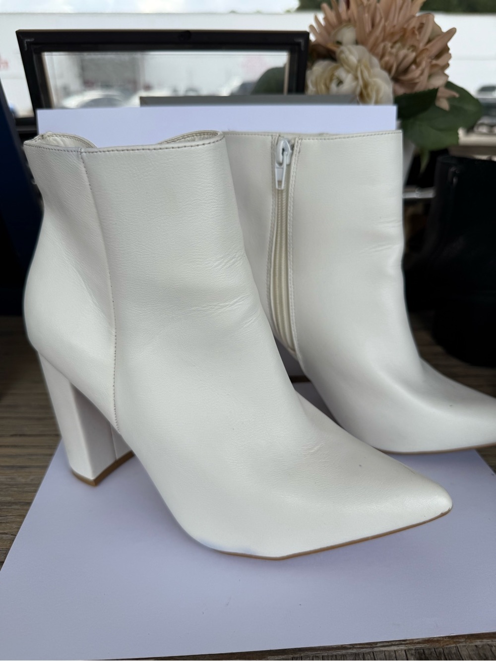 BAMBOO Cream Pointed Toe Block Heel Ankle Boots